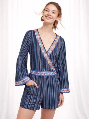 LAIA Anthropologie Striped Boho Romper with Multicolored Embroidery - EUC